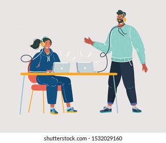 Cartoon vector illustration of Computer technician. Work and calling online. Consultation help and remote communication. Character at office on white background.