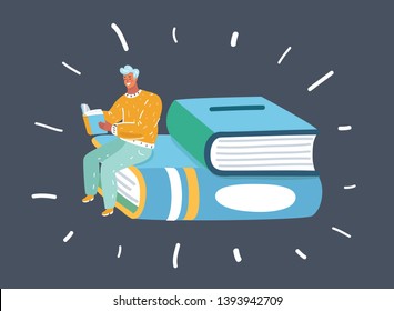 Cartoon vector illustration of concentrated young man isolated on dark background holding book reading, sitting on stack of the big book.