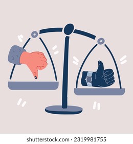 Cartoon vector illustration of concept of balance on the scales is the symbol Finger up and down symbols are good and bad, confirmation and rejection, Like and dislike.