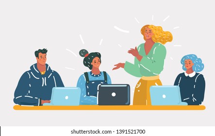 Cartoon vector illustration of Concept of the coworking center. Business meeting. Shared working environment. People talking at the computers in the open space office. Team concept on white isolated. Cartoon vector illustration of Concept of the coworking center. Business meeting. Shared working environment. People talking at the computers in the open space office. Team concept on white isolated.