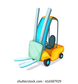 Cartoon vector illustration. Concept design of orange forklift.