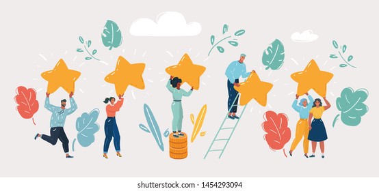 Cartoon vector illustration of Concept of Five stars rating. People are holding stars over the heads. Feedback consumer or customer review evaluation, satisfaction characters.