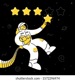 Cartoon vector illustration of Concept of Five stars rating. Astronaut is holding stars in Space. Feedback consumer or customer review evaluation, satisfaction characters.
