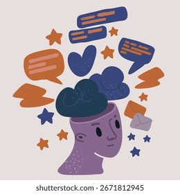 Ilustración vectorial de dibujos animados de la cabeza del concepto en las nubes. Enfadado y tristeza, abrumador concepto de emoción negativa