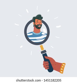 Cartoon vector illustration of concept of human resources management, professional staff research, head hunter job with magnifying glass. Human persons face