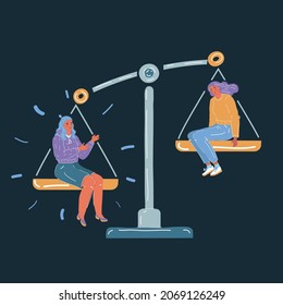 Cartoon vector illustration of Concept of importance of person. Two women sit at scale on dark background. Job, envious, jealousy, low self-esteem. Comparing herself to others person 