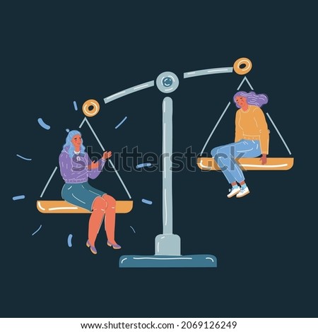Cartoon vector illustration of Concept of importance of person. Two women sit at scale on dark background. Job, envious, jealousy, low self-esteem. Comparing herself to others person 