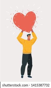 Cartoon vector illustration of Concept of love. Mini man with big red heart in hands. Man hold heart. Valentine day. Love and relationship or like and social approval on white background.