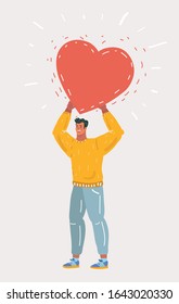 Cartoon vector illustration of Concept of love. Mini man with big red heart in hands. Man hold heart. Valentine day. Love and relationship or like and social approval on white background.