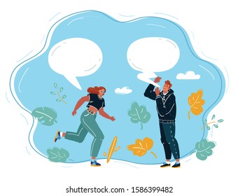 Cartoon vector illustration of concept of man and woman arguing and discussing. Speech bubble above their.