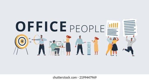 Cartoon Vector Illustration Of Concept Of Office Life. Working Environment. People Talking And Working With Files, Take Conversation Near Water Cooler, Get The Aim.