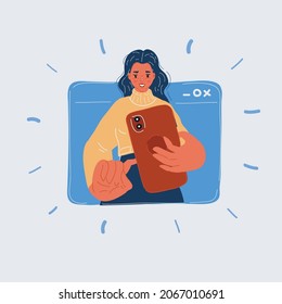 Cartoon Vector Illustration Of Concept Of On-line Video Chat App, Internet Talk, Call Technology. Video Player Window With Speaking Woman And Messages. Woman Use Phone