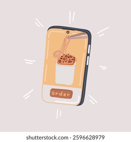 Cartoon vector illustration of Concept of online food delivery. Noodles on smartphone screen. Concept of ordering food via phone online