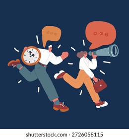 Ilustração vetorial de desenhos animados de Gestão de tempo conceito, pessoas de negócios executar com relógio e spyglass banner, apresentação, mídia social, documentos, cartões, cartazes. Organização do processo. trabalho em equipe sobre fundo escuro
