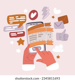 Dibujo vectorial de dibujos animados de Conceptos de pedido de entradas de cine en línea. Teléfono de mano