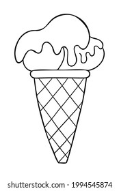 Dibujo vectorial de caricatura de helado de cono con salsa de chocolate en la parte superior. Color blanco y negro delineado.