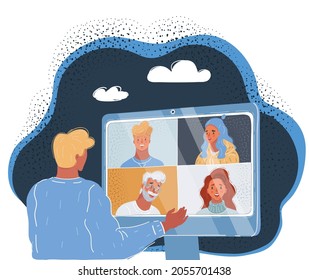 Cartoon vector illustration of conference concept webinar and training on the web on dark backround.
