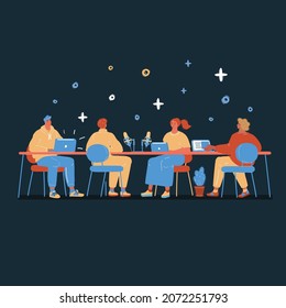 Dibujo vectorial de caricatura de conferencias y personas que hablan en una mesa grande sobre un fondo oscuro. Hombre y mujer hacen récords para el blogueo, podcast o proyecto educativo sobre el fondo blanco.
