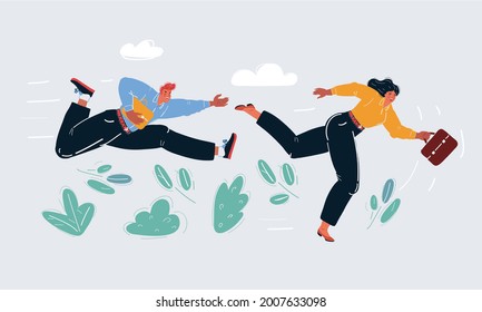 Cartoon vector illustration of Confident business people running into the same direction. Competition concept man and woman.