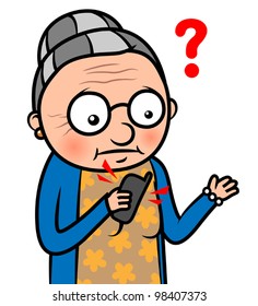 Cartoon vector illustration of a confused old woman holding a mobile phone