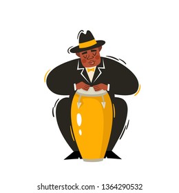Cartoon vector illustration of conga player isolated on white. African percassion man playing jazz, brazil music on treditional drum. Full height portrait of black man used for music poster, magazine.
