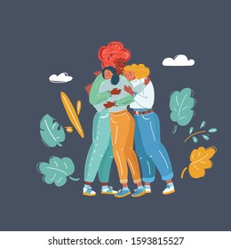 Cartoon vector illustration of Congratulation and friendship embrace. Three beautiful girls get together and give hug to each other. Best friends and support concept.
