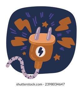 Cartoon vector illustration of Connection and disconnection concept. Concept of 404 error connection. Electric plug and outlet socket unplugged. Wire, cable of energy disconnect over dark backround