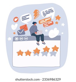 Cartoon vector illustration of Consumer review and 5 stars rating. Customer feedback and positive rating for goods in browser