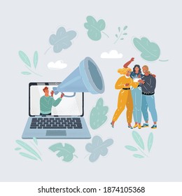 Cartoon vector illustration of content marketing is attract people into blog or place. Man with big megaphone inform people from laptop screen.