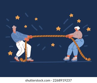 Dibujo vectorial de caricatura del icono de la cuerda de jalar de concurso, desafío para la competencia, batalla en equipo, guerra o conflicto en grupos de personas, persona resistiéndose a la marea, juntos trabajo en equipo sobre fondo oscuro