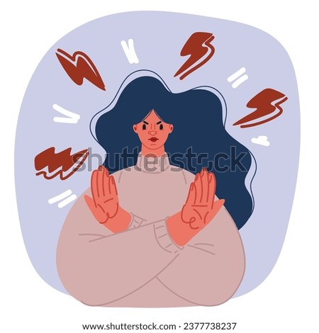 Cartoon vector illustration of Continuous one line woman with long hair makes hands prohibition sign, cross, NO sign. Young girl standing and showing stop gesture. Woman prohibition minimalist style.