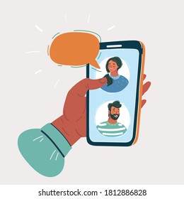 Cartoon vector illustration of conversation by smartphone, man and woman chatting together in messenger by phone. Speech bubble above.