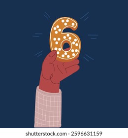 Cartoon vector illustration of Cookie font alphabet number 6 in hand over dark backround