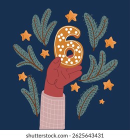 Cartoon vector illustration of Cookie font alphabet number 6 holding by hand over dark backround