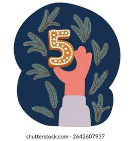 Cartoon vector illustration of Cookie font alphabet number 5 with tasty decoration holding by hand over dark backround