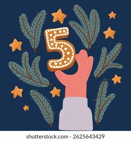 Cartoon vector illustration of Cookie number 5 holding by hand over dark backround