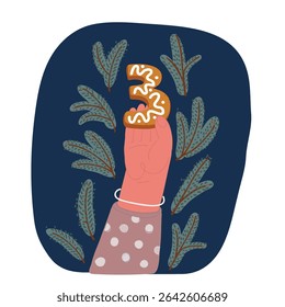 Cartoon vector illustration of Cookies font number 3 Gingerbread in hand over dark backround