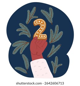 Cartoon vector illustration of Cookies font number 2. Gingerbread in hand over dark backround