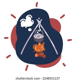 Dibujo vectorial de dibujos animados de Cocina en el caldero de campamento sobre fondo oscuro