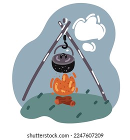 Cartoon vector illustration of Cooking in pot over fireplace stand full of firewood. Camping pot over bonfire.
