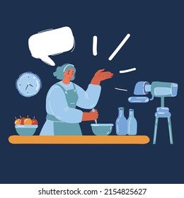 Cartoon vector illustration of cooking video bloggers woman make video and contet for her channel over dark backround