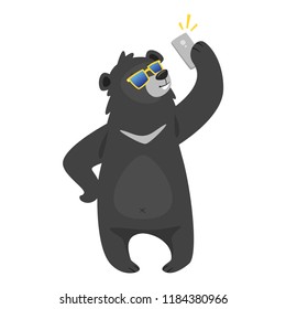 Cartoon vector illustration of cool black  bear wearing sunglasses and taking a selfie on its smartphone, isolated on white background. Template for print.