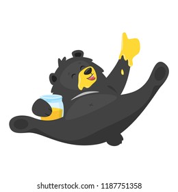 Cartoon vector illustration of cool black  bear lying and eating sweet honey nectar showing an okay hand sign. Glass honey jar, isolated on white background. Template for print.