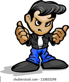 Cartoon Vector Illustration of a Cool Fifties Greaser Kid with Jeans and Leather Jacket in Thumb up Gesture