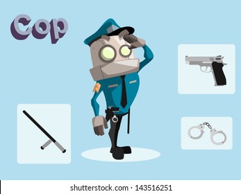 Cartoon vector illustration of cop robot with gun, stick and handcuff