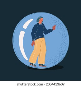 Cartoon vector illustration of Coronavirus protection poster concept. Woman standing inside a protective glass bubble and isolating herself. Boredom and sad in quarantine on dark background.