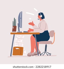 Dibujo vectorial de caricatura de Comunicación Corporativa. Chica Trabajadora En El Despacho Moderno. Llamada de negocios
