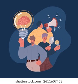 Cartoon vector illustration of Corporate team working colleagues working in modern office. Idea, inspiration, business, marketing team, searching, announcement. People with bulb, megaphone,