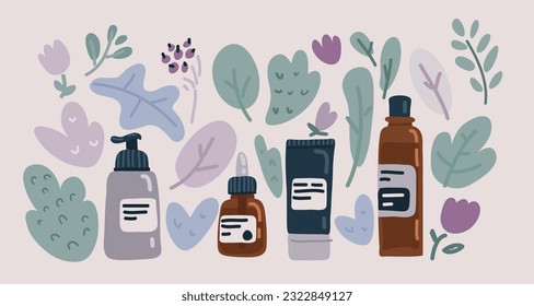 Cartoon vector illustration cosmetics make up set, big collection makeup product, serum, creams, foam.
