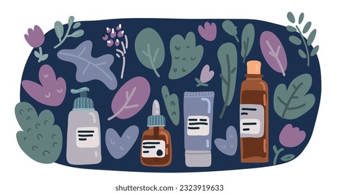 Cartoon vector illustration cosmetics make up set, big collection makeup product, serum, creams, foam over dark background